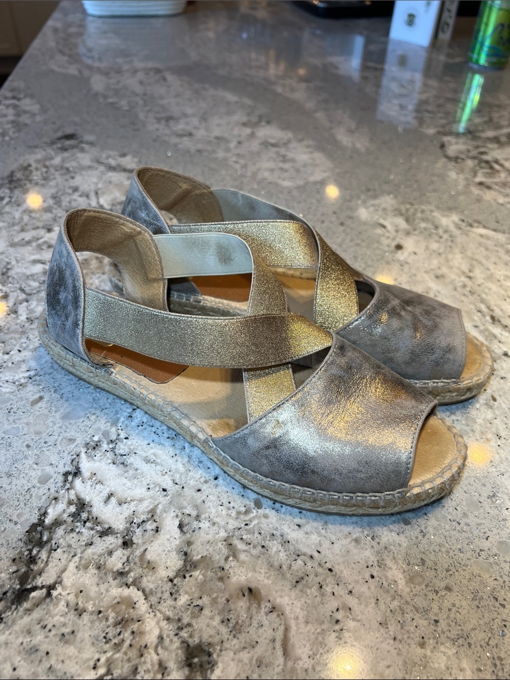 kanna Metallic Silver and Gold Cross-Strap Espadrille Sandals EU38 US7.5/8